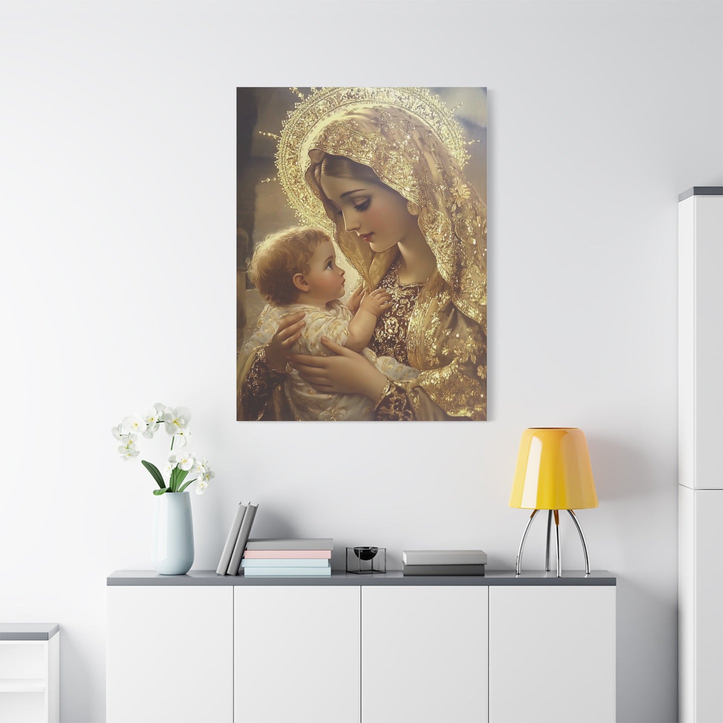 Mary and Baby in Gold Catholic Canvas Wall Art, Christian Decor