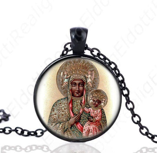 Our Lady of Czestochowa Poland Madonna Black Necklace Catholic Medal Pendant Chain