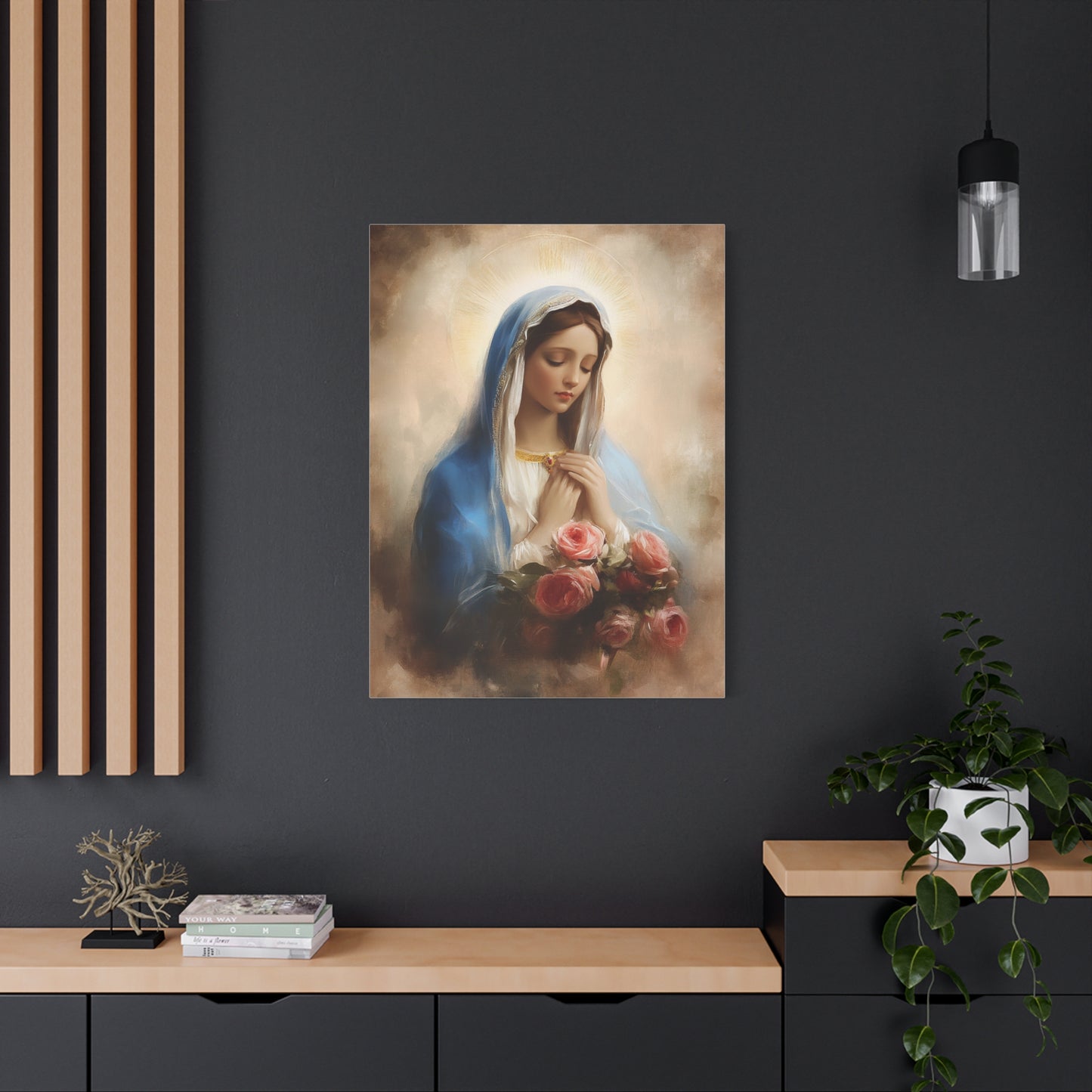 Mother Mary with Roses Catholic Canvas Wall Art, Christian Decor