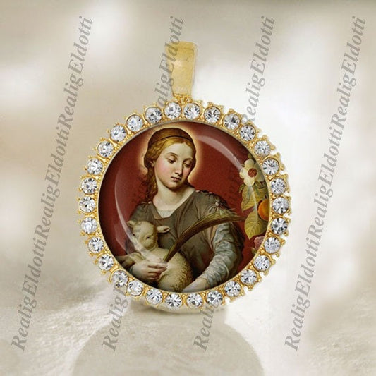 St Agnes Religious Christian Gold Patron Saint Catholic Medal Cabochon Pendant