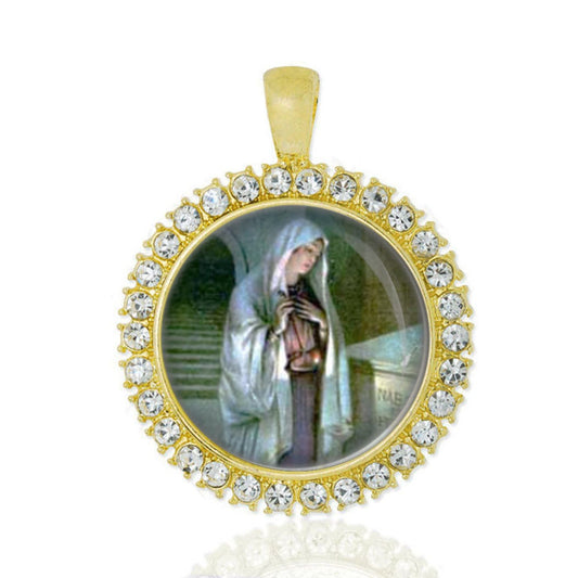 Saint Savina of Milan Catholic Pendant with Rhinestones Round Medal