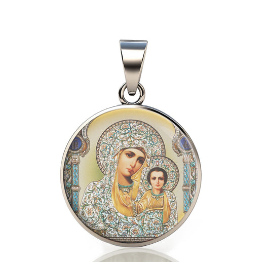 Our Lady Theotokos 925 Sterling Silver Round Pendant Christian Religious Medal Small 20mm