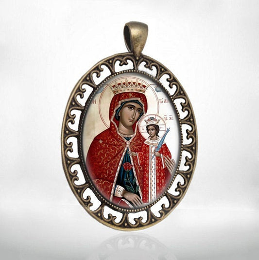 Theotokos w Amaranth Rose Orthodox Medal Pendant Mary and Jesus Baby Religious  Style Jewelry