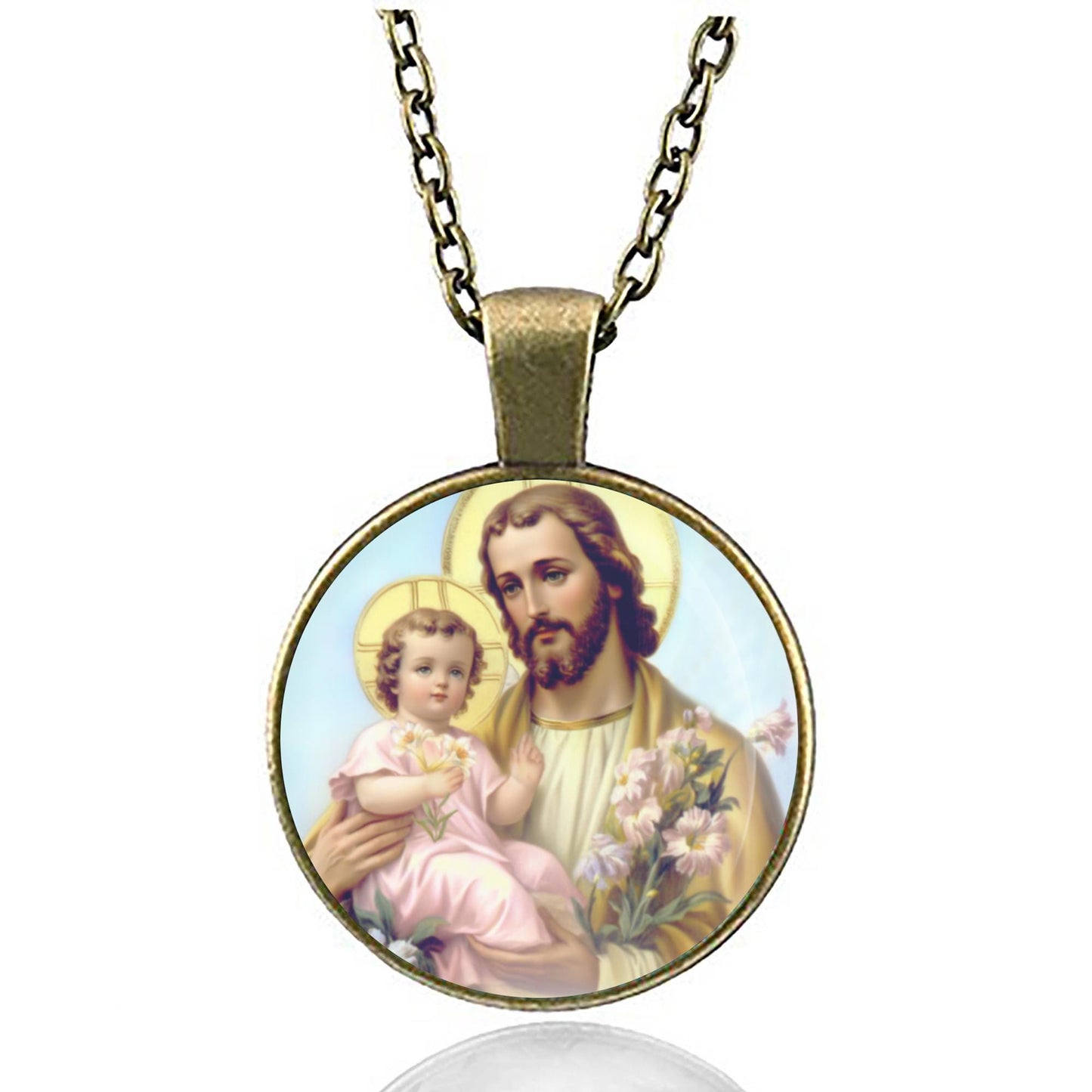 St. Joseph holding Baby Jesus with lilies Necklce