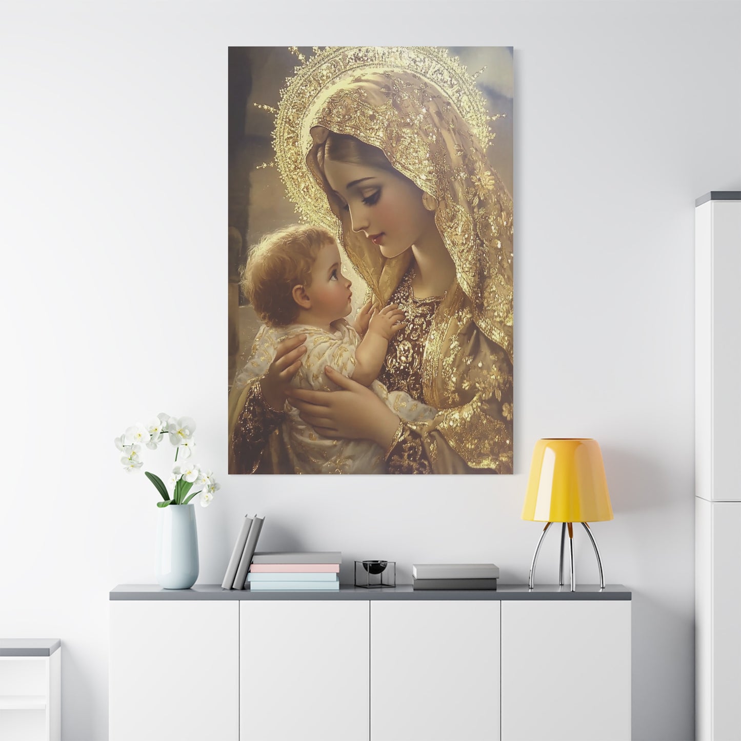 Mary and Baby in Gold Catholic Canvas Wall Art, Christian Decor