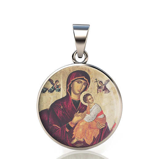Our Lady Perpetual Help 925 Sterling Silver Round V Pendant Christian Religious Medal Small 20mm