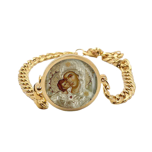 Our Lady Orthodox Icon Mary Curb Bracelet Gold or Silver tone Religious Jewelry Simple Chain