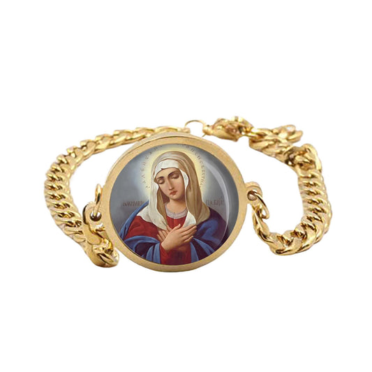 Our Lady Sorrowful Mother Curb Bracelet Gold or Silver tone Religious Jewelry Simple Chain