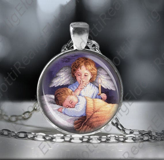 Guardian Angel w Candle Little Child Cherub Necklace Catholic Medal Pendant Protection