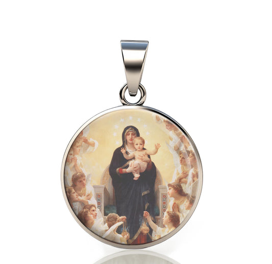 Our Lady Angels Catholic Mary 925 Sterling Silver Round Pendant Christian Religious Medal Small 20mm