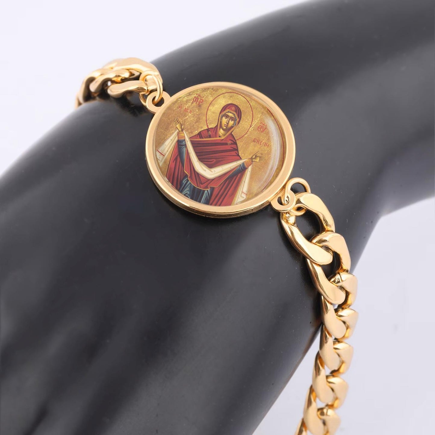 Our Lady Protection Pokrov Curb Bracelet Gold or Silver tone Religious Jewelry Simple Chain