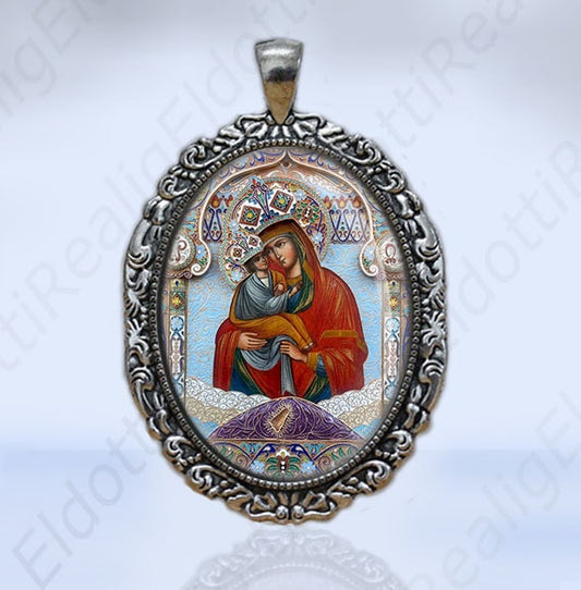 Virgin Mary and Jesus The Pochaev Icon of the Mother of God Orthodox Pendant Silvertone Victorian Style Medal Oval