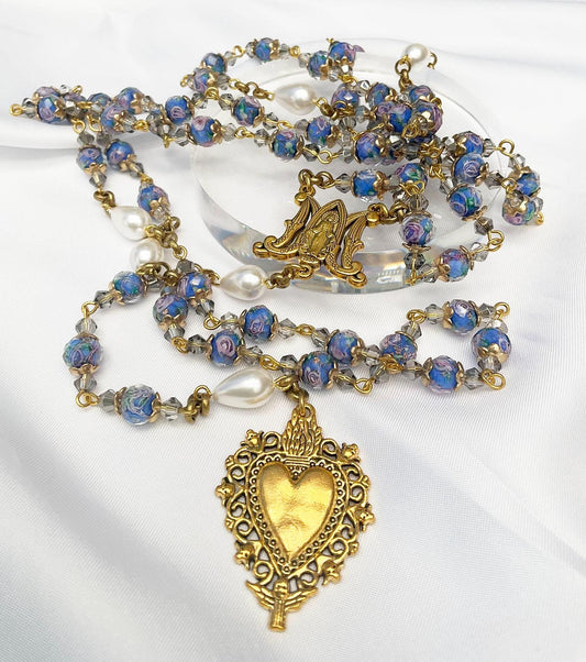 Rosary Immaculate Mary Blue Lampwork Beads Gold Tone Sacred Heart with Pearls Drops