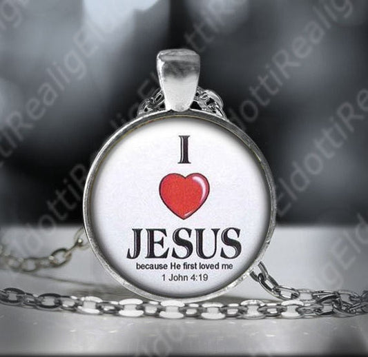 Inspirational Catholic Quote John 4:19 Necklace. Jesus Love Faith Pendant Medal