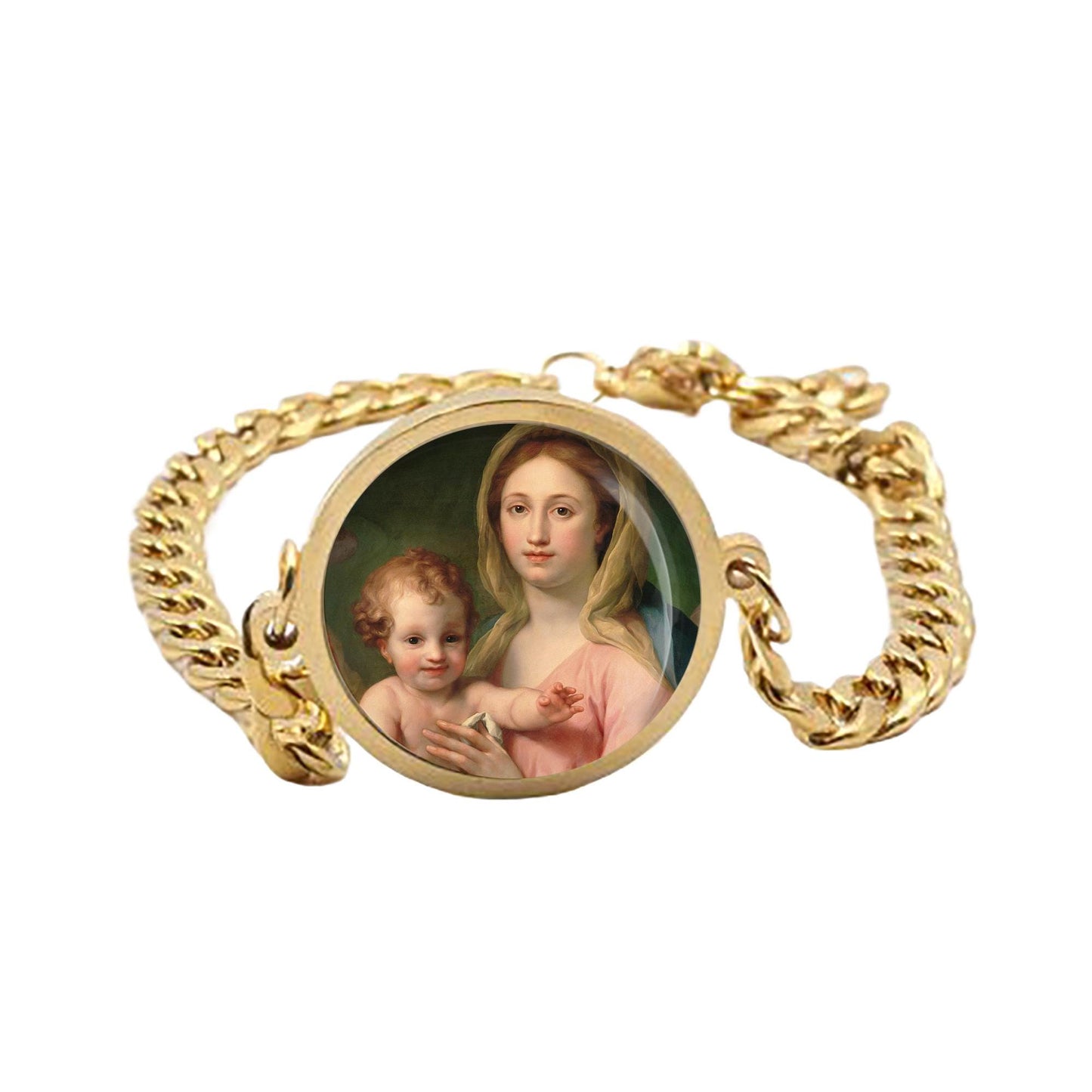 Our Lady Madonna And Child Anton Raphael Mengs Curb Bracelet Gold or Silver tone Religious Jewelry Simple Chain