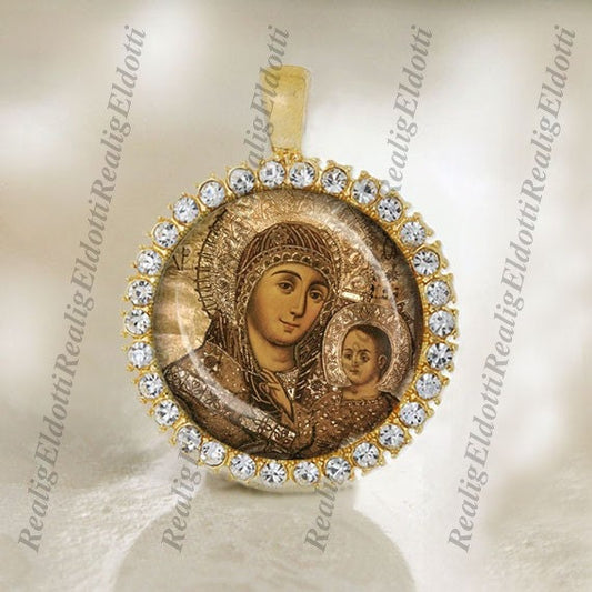 Virgin Mary Theotokos of Bethlehem Christian Orthodox Gold Tone Medal Pendant Jewelry Cabochon
