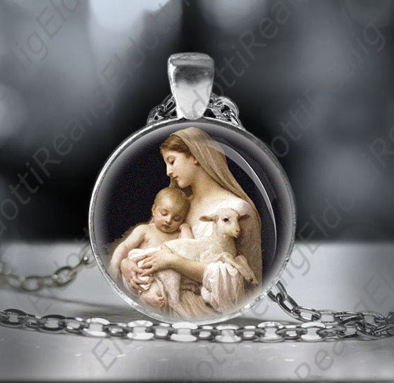 Our Lady Virgin Mary Holding Baby Jesus and Lamb Catholic Medal Necklace. Religious Pendant Necklace Silver Tone.