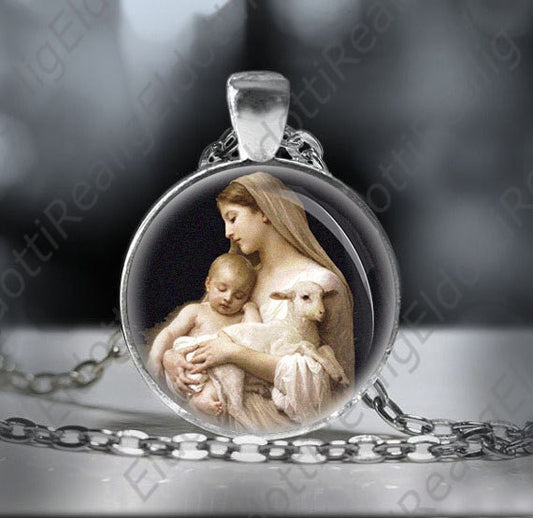 Our Lady Virgin Mary Holding Baby Jesus and Lamb Catholic Medal Necklace. Religious Pendant Necklace Silver Tone.