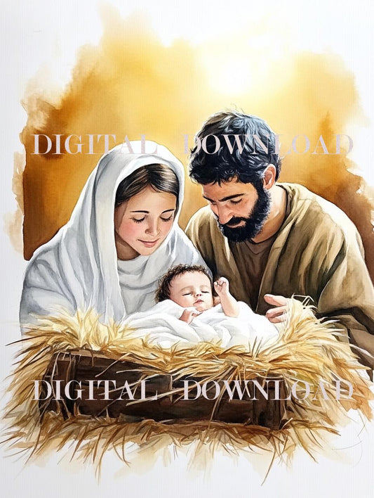Watercolor Nativity Scene Mary Joseph and Baby Jesus Print  Art Digital Image image 0