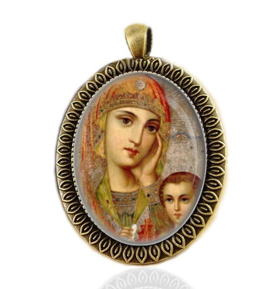 Orthodox Icon Virgin Mary Medal Pendant Our Blessed Mother and Baby Retro Style