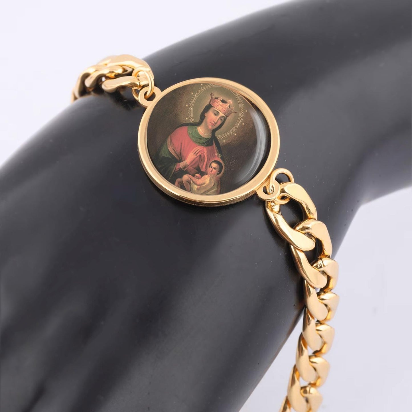 Our Lady Balikinskaya Curb Bracelet Gold or Silver tone Religious Jewelry Simple Chain