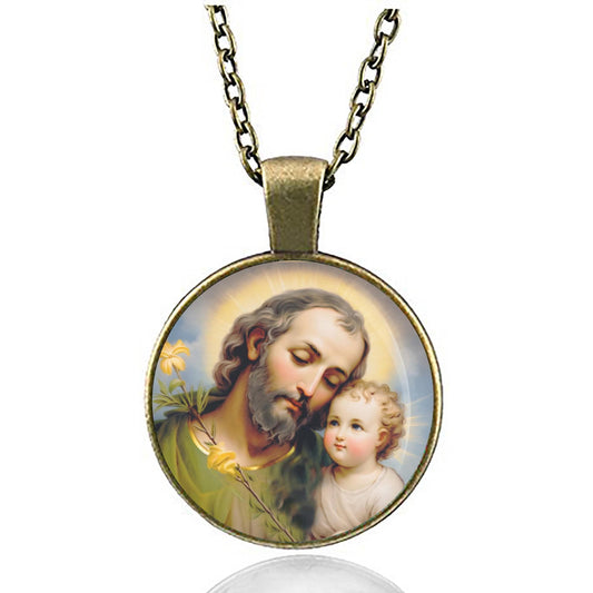 Saint Joseph with baby Jesus Necklace Medal Religious Pendant Charm