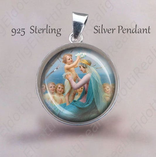 Crowing of Mother Mary Religious Christian Medal. Sterling Silver 925 Pendant 20mm. Virgin Mary and Angels Silver Medal For Necklace