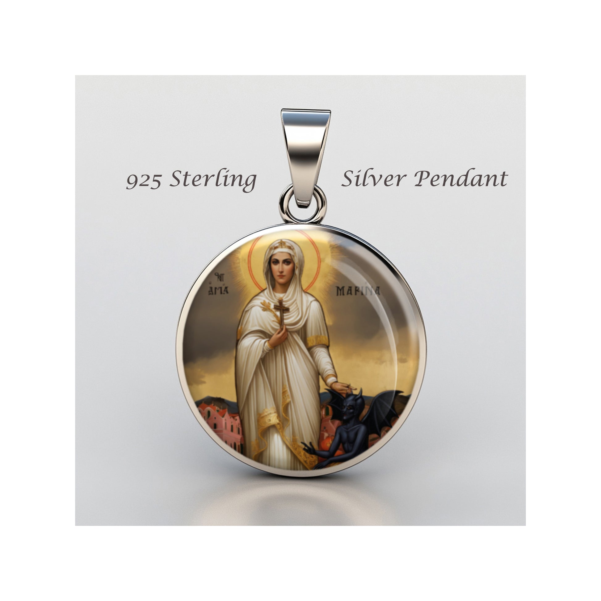 Saint Marina With Evil Catholic sterling silver 925 Christian Medal Patron image 0