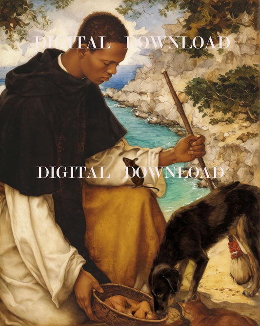 Saint Martin de Porres with Cat, Dog and Mouse Catholic  Art Digital Image image 0