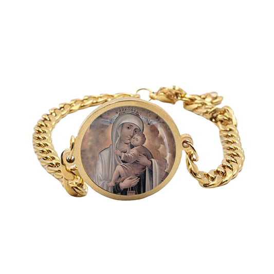 Our Lady Carmel Mary Curb Bracelet Gold or Silver tone Religious Jewelry Simple Chain