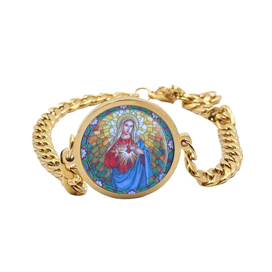 Our Lady Immaculate Mary Curb Bracelet Gold or Silver tone Religious Jewelry Simple Chain