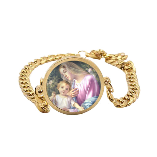 Our Lady Rosary Madonna Curb Bracelet Gold or Silver tone Religious Jewelry Simple Chain