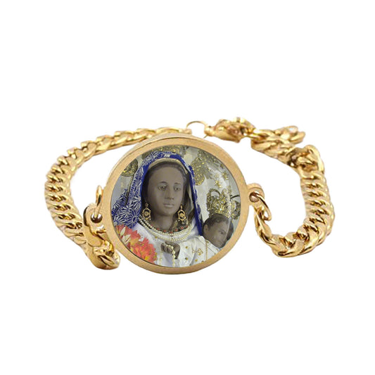 Our Lady Piat Curb Bracelet Gold or Silver tone Religious Jewelry Simple Chain