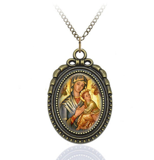 Our Mother of Perpetual Help - Catholic Necklace Jewelry Medal Oval Brass Pendant Retro Style Charm
