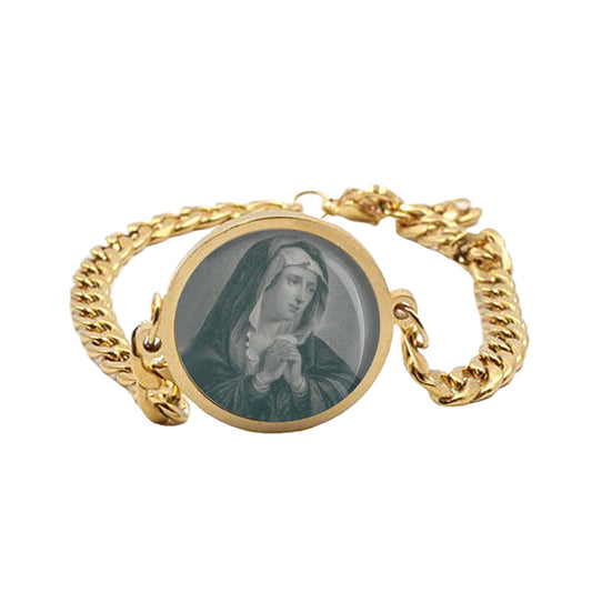 Our Lady Mater Dolorosa Sorrows Curb Bracelet Gold or Silver tone Religious Jewelry Simple Chain