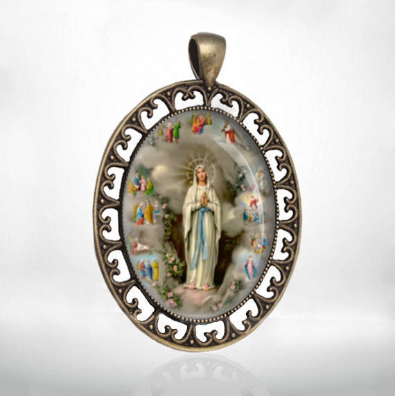 Our Lady of Lourdes Large Bronze Pendant Virgin Mary Medal