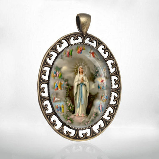 Our Lady of Lourdes Large Bronze Pendant Virgin Mary Medal