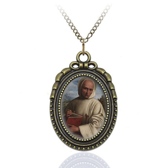 St. Bruno the Confessor Catholic Necklace Pendant Jewelry Medal Oval Style Charm Bronze w Chain