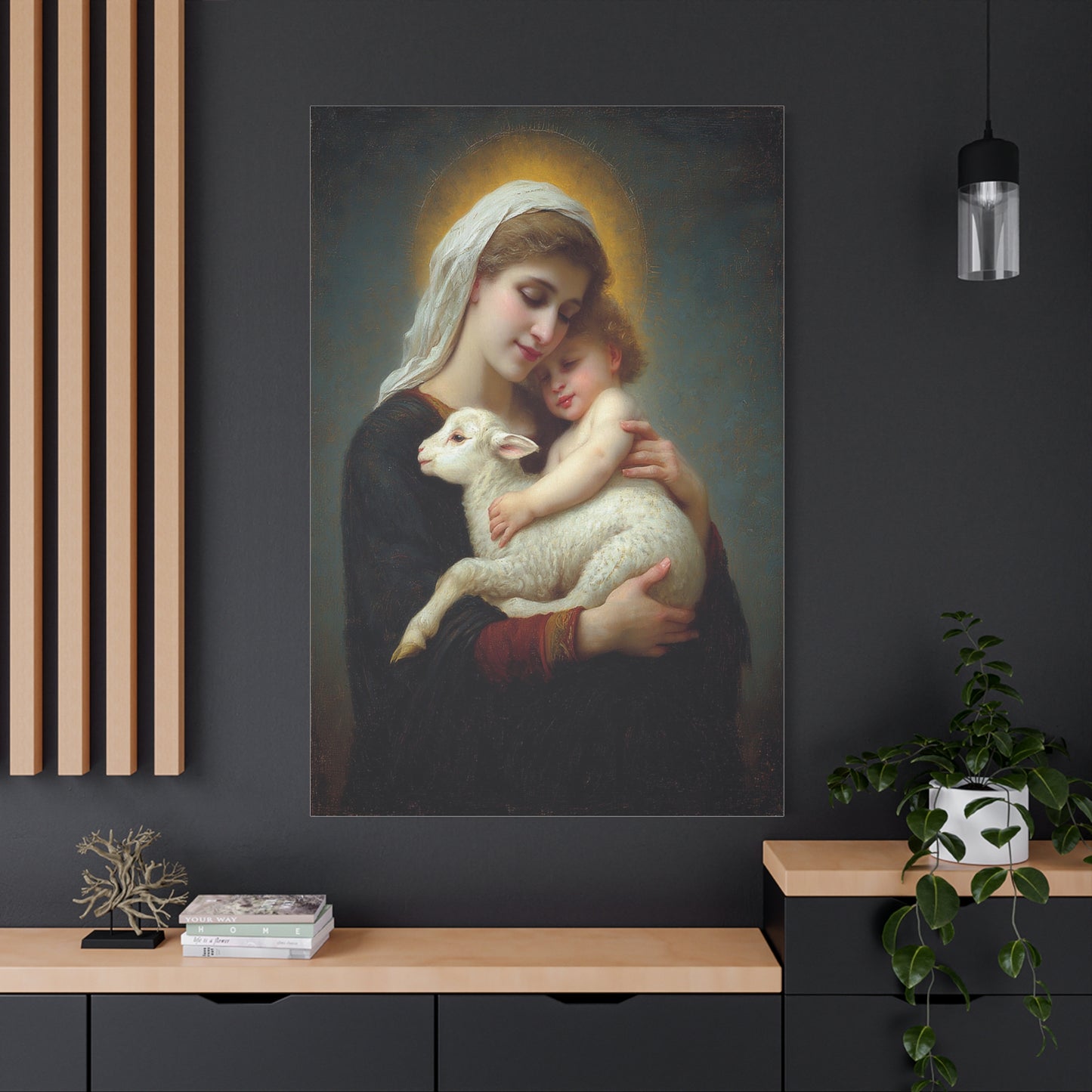 Mother Mary with Baby Jesus and Lamb Catholic Canvas Wall Art, Christian Decor