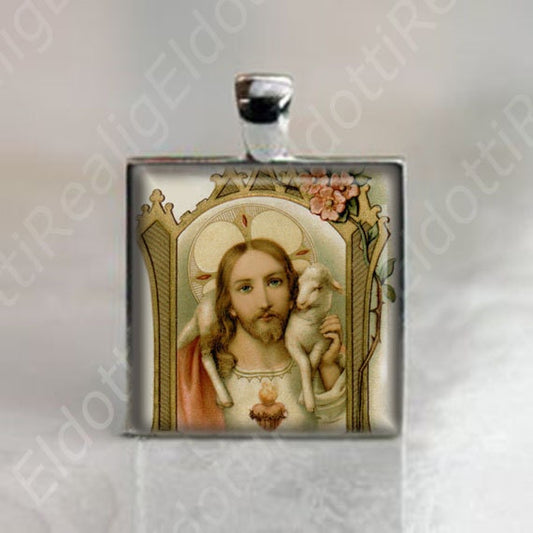 Jesus Christ and Lamb - Christian Medal Silvertone Pendant Jewelry