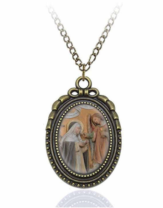St Agnes of Montepulciano Catholic Necklace Bronze Medal w Chain Oval Pendant Rare Saint