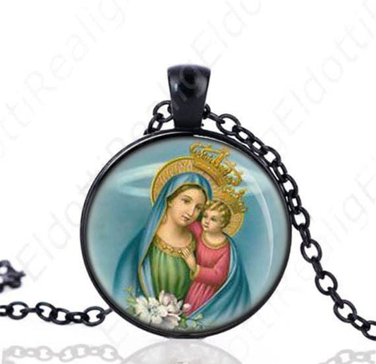 Our Lady of Consolation Black Necklace Virgin Mary Jesus Crown Catholic Medal Pendant Chain