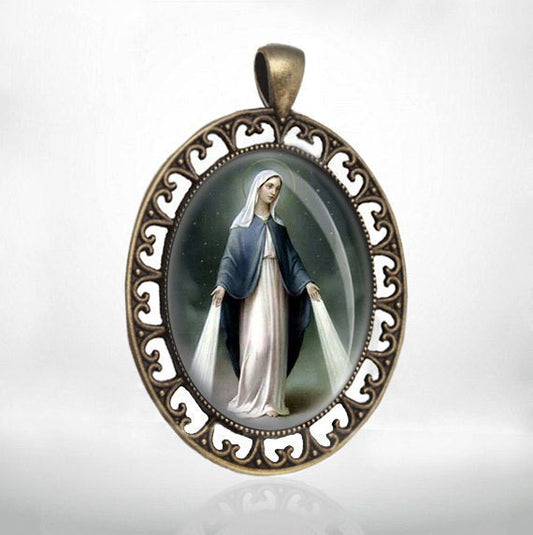 Our Lady of Miraculous Virgin Mary Dark Tone Catholic Medal Pendant Bronze Oval Religious Jewelry