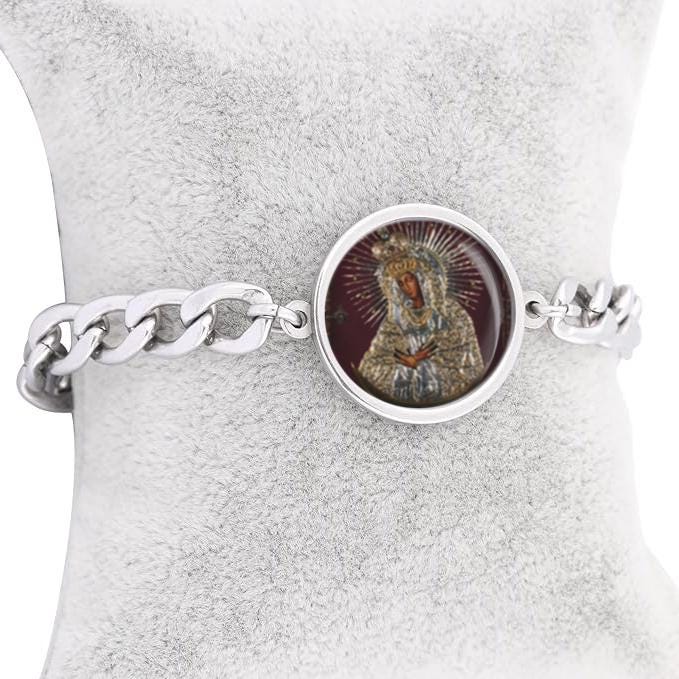 Our Lady Black Madonna De Vilnius Curb Bracelet Gold or Silver tone Religious Jewelry Simple Chain