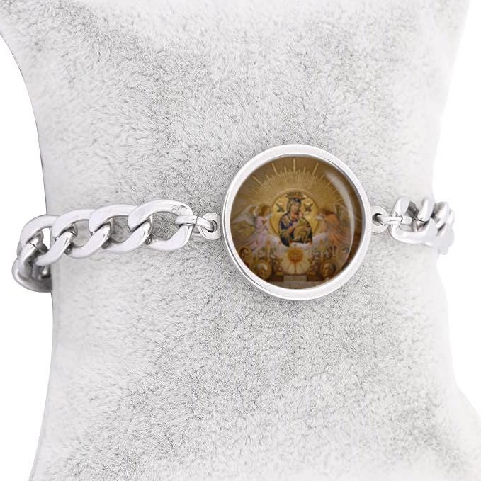 Our Lady of Perpetual Help Curb Chain Bracelet  Gold or Silver Tone Religious Jewelry