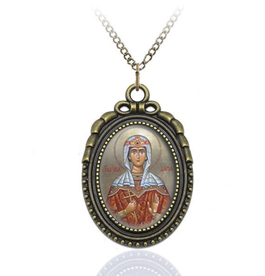 St Daria Necklace Orthodox Pendant Jewelry Medal Oval Style Charm Bronze w Chain