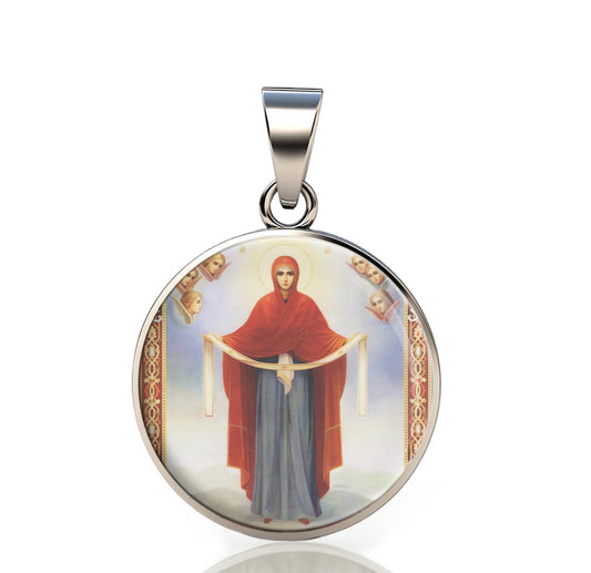 Our Lady Theotokos The Holy Protection 925 Sterling Silver Round Pendant Christian Religious Medal Small 20mm