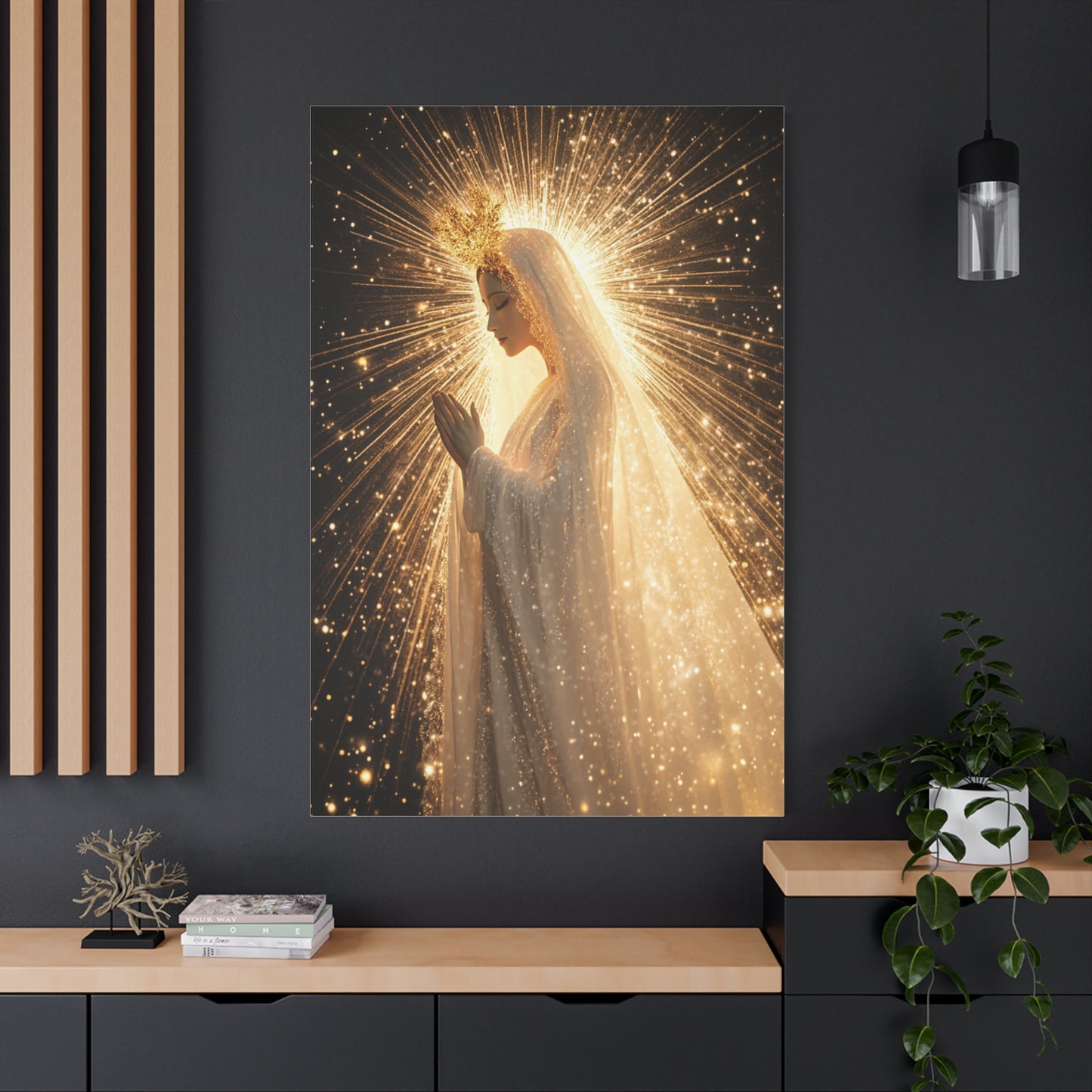 Mother Mary Starry Night Sky Catholic Canvas Wall Art, Christian Decor