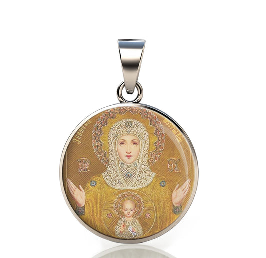Our Lady Sign 925 Sterling Silver Round Pendant Christian Religious Medal Small 20mm