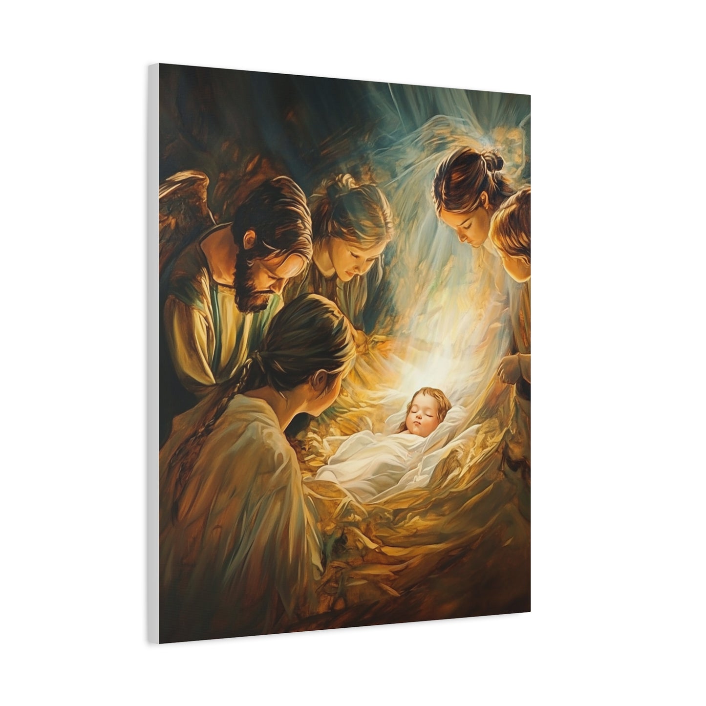 Jesus Nativity w Angels Catholic Canvas Wall Art, Christian Decor